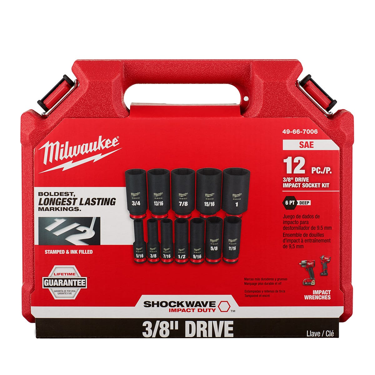 Milwaukee 49-66-7006 12-Piece SHOCKWAVE 3/8-Inch Drive SAE Deep 6-Point Impact Duty Socket Set
