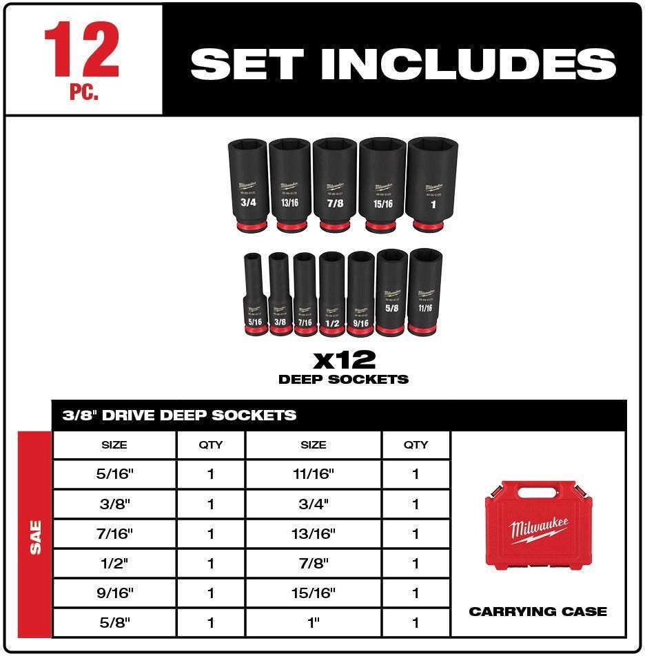 Milwaukee 49-66-7006 12-Piece SHOCKWAVE 3/8-Inch Drive SAE Deep 6-Point Impact Duty Socket Set