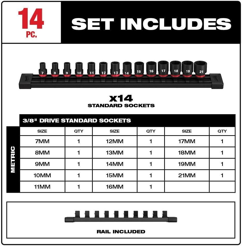 Milwaukee 49-66-7007 14-Piece SHOCKWAVE 3/8-Inch Drive Metric Standard 6-Point Impact Duty Socket Set (PROMO)