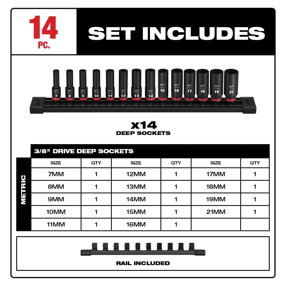 Milwaukee 49-66-7008 14-Piece SHOCKWAVE 3/8-Inch Drive Metric Deep 6-Point Impact Duty Socket Set