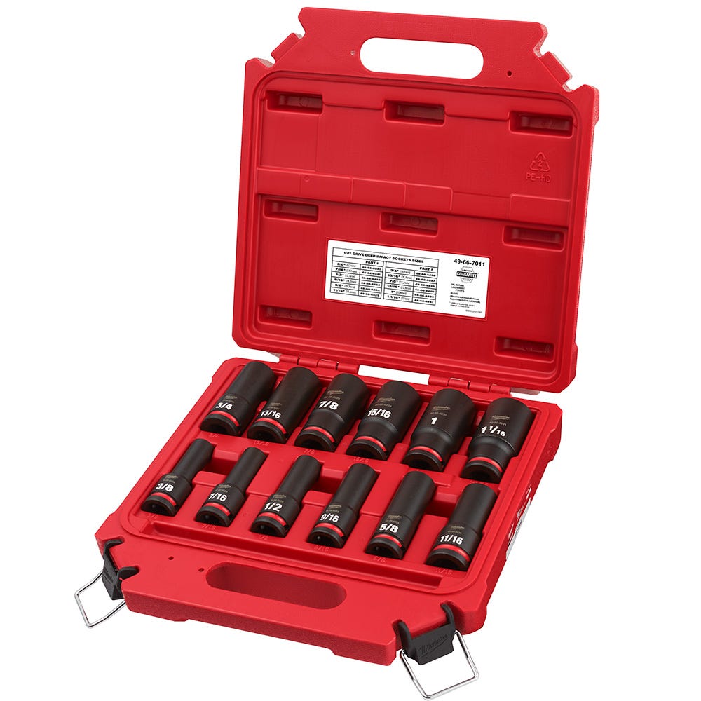 Milwaukee 49-66-7011 12-Piece SHOCKWAVE 1/2-Inch Drive SAE Deep 6-Point Impact Duty Socket Set