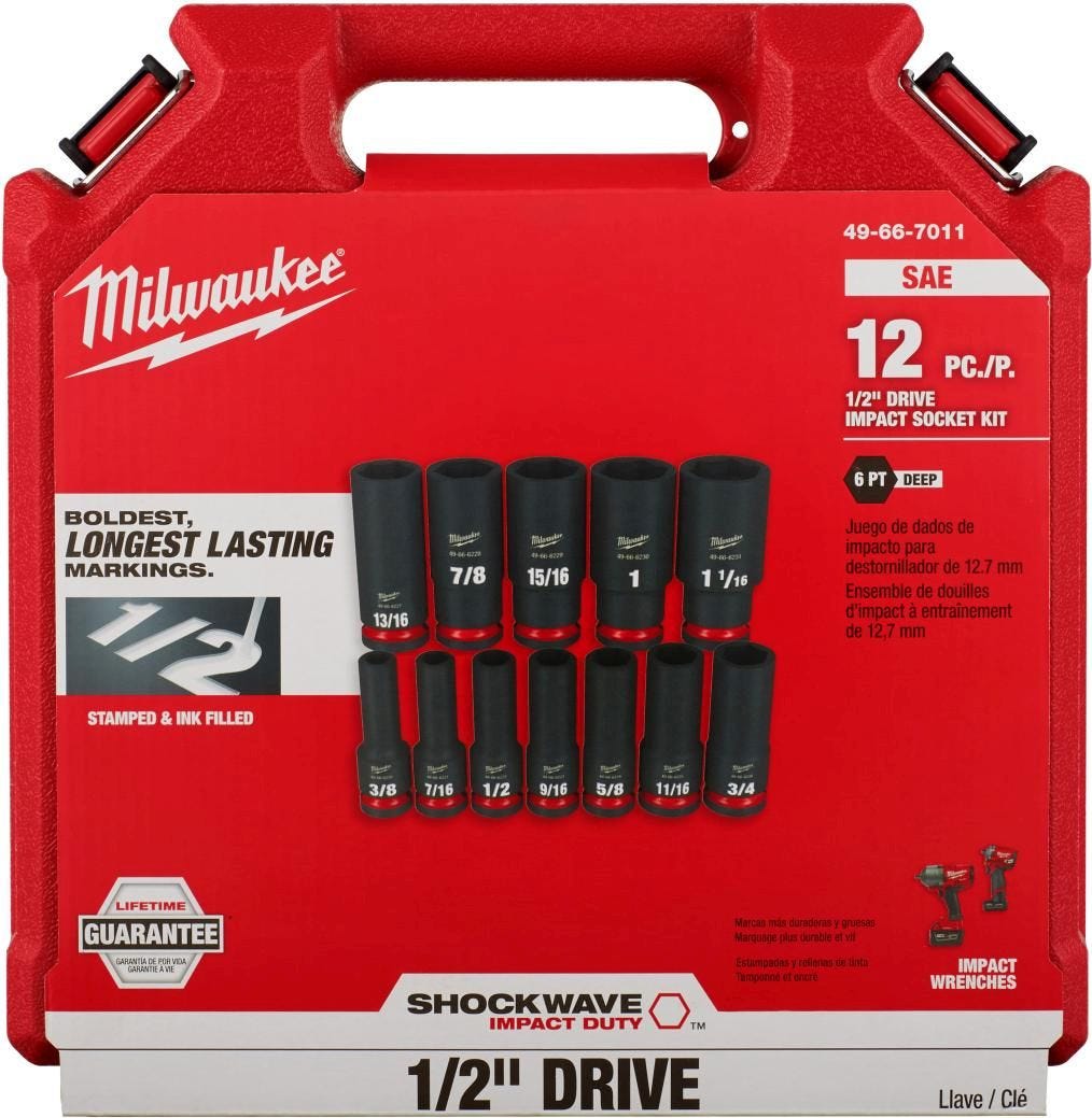 Milwaukee 49-66-7011 12-Piece SHOCKWAVE 1/2-Inch Drive SAE Deep 6-Point Impact Duty Socket Set