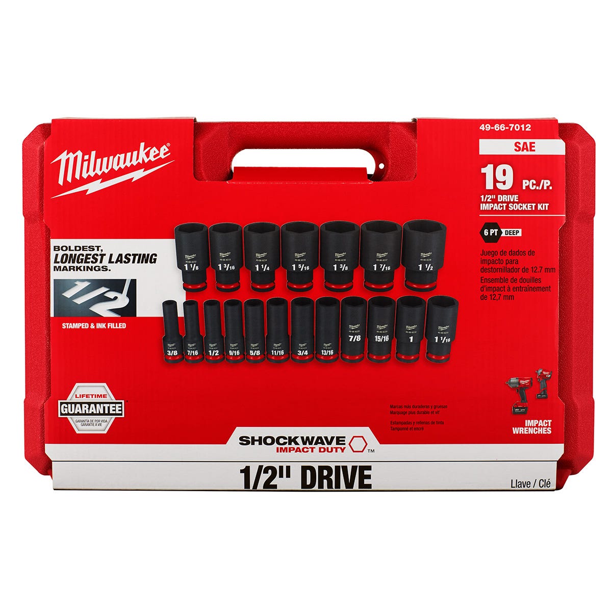 Milwaukee 49-66-7012 19-Piece SHOCKWAVE 1/2-Inch Drive SAE Deep 6-Point Impact Duty Socket Set