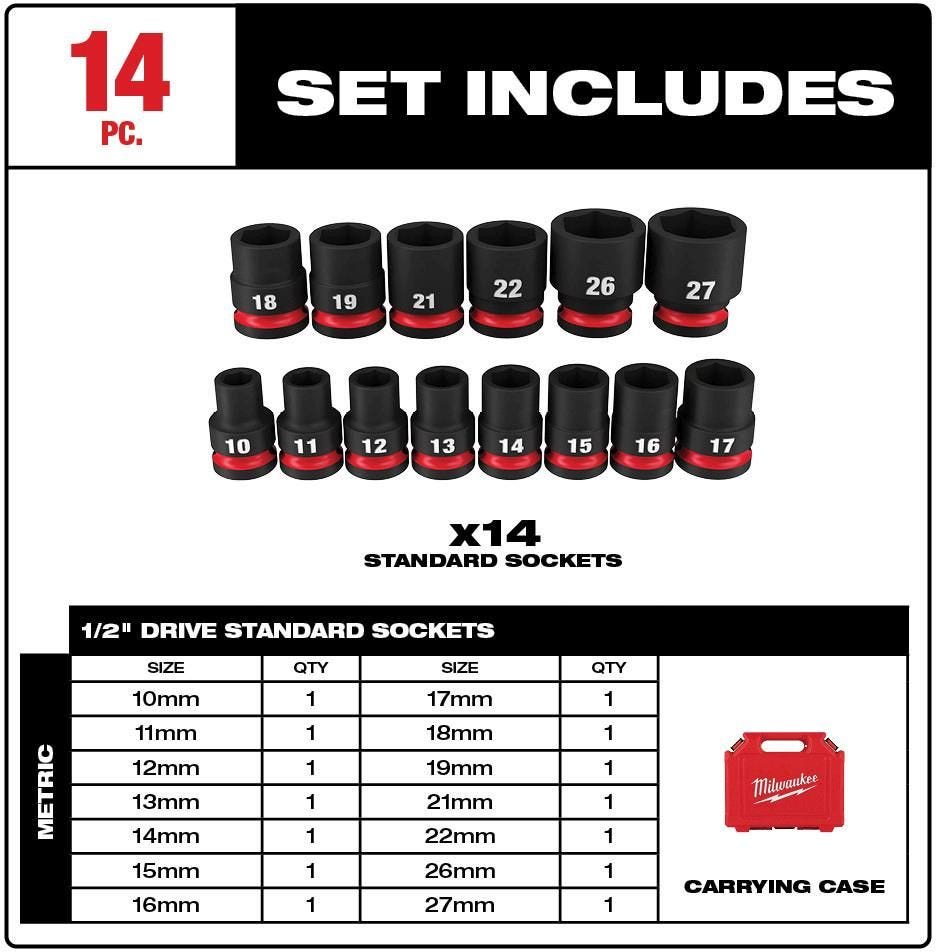 Milwaukee 49-66-7013 14-Piece SHOCKWAVE 1/2-Inch Drive Metric Standard 6-Point Impact Duty Socket Set