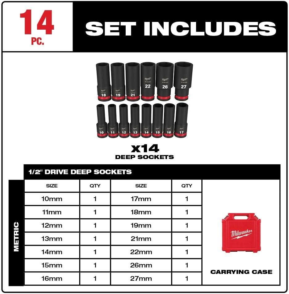 Milwaukee PROMO 49-66-7014 14-Piece SHOCKWAVE 1/2-Inch Drive Metric Deep 6-Point Impact Duty Socket Set (PROMO)
