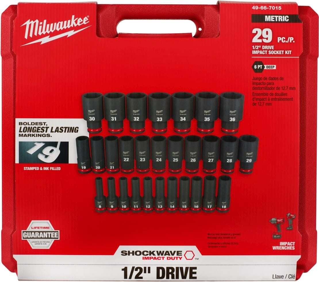 Milwaukee 49-66-7015 29-Piece SHOCKWAVE 1/2-Inch Drive Metric Deep 6-Point Impact Duty Socket Set