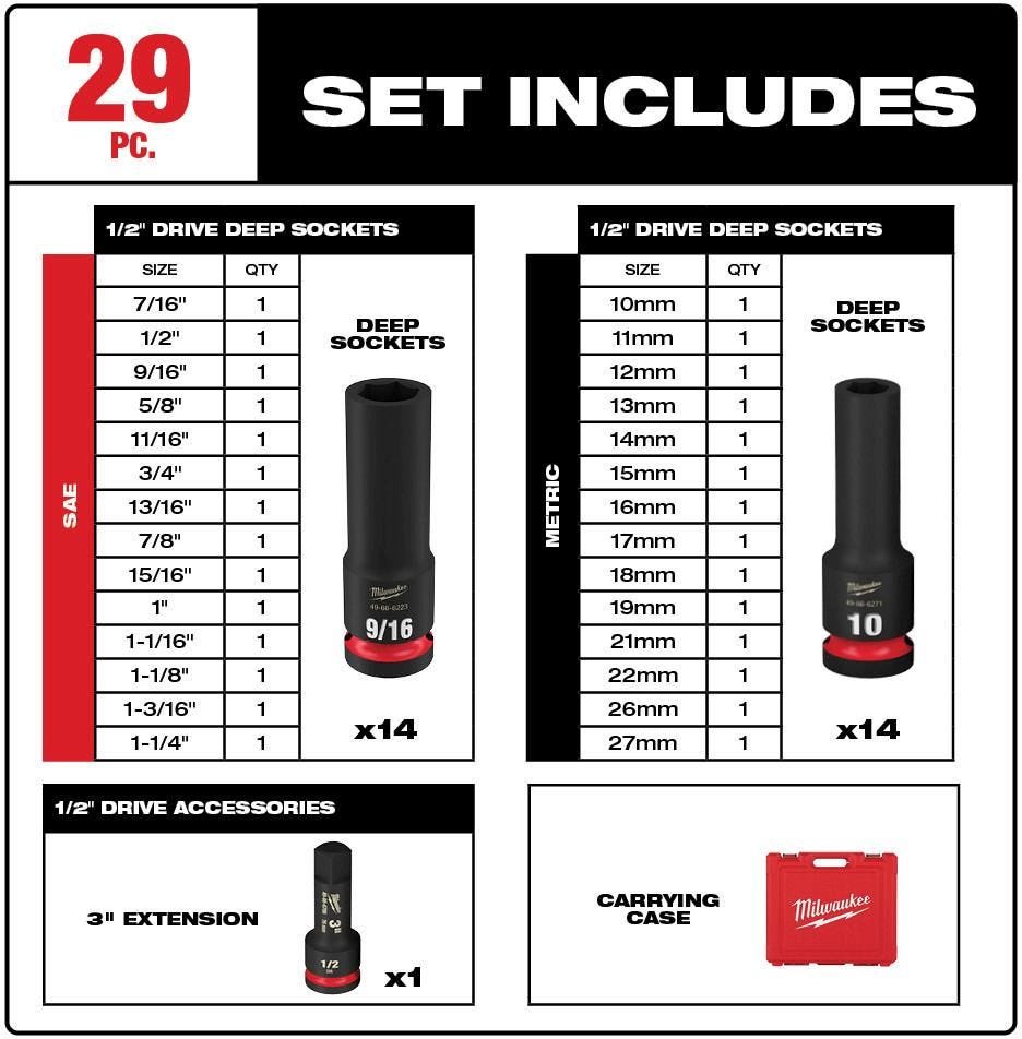 Milwaukee 49-66-7016 29-Piece SHOCKWAVE 1/2-Inch Drive SAE & Metric Deep 6-Point Impact Duty Socket Set