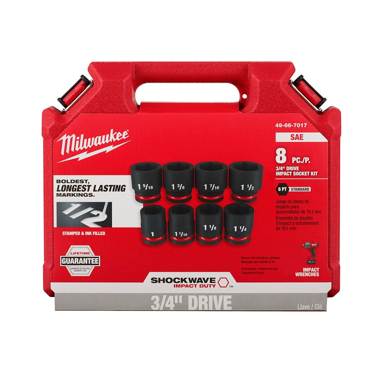 Milwaukee 49-66-7017 8-Piece SHOCKWAVE 3/4-Inch Drive SAE Standard 6-Point Impact Duty Socket Set