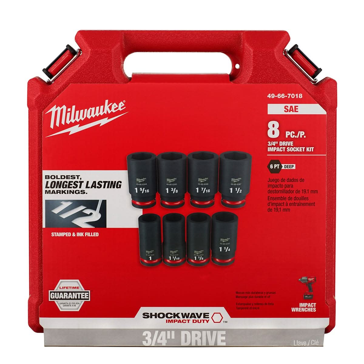 Milwaukee 49-66-7018 8-Piece SHOCKWAVE 3/4-Inch Drive SAE Deep 6-Point Impact Duty Socket Set