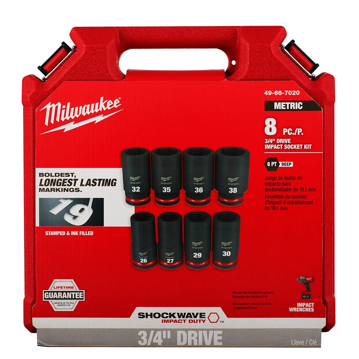 Milwaukee 49-66-7020 8-Piece SHOCKWAVE 3/4-Inch Drive Metric Deep 6-Point Impact Duty Socket Set