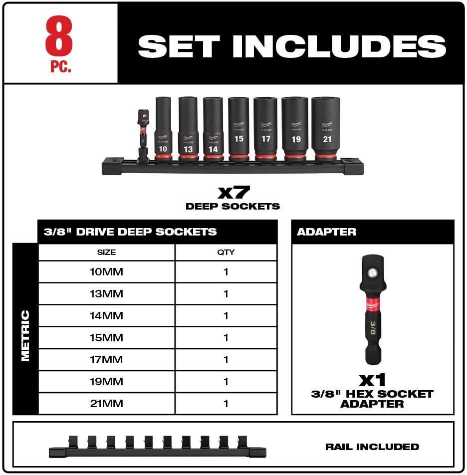 Milwaukee 49-66-7021 8-Piece SHOCKWAVE 3/8-Inch Drive Metric Deep 6-Point Impact Duty Socket Set