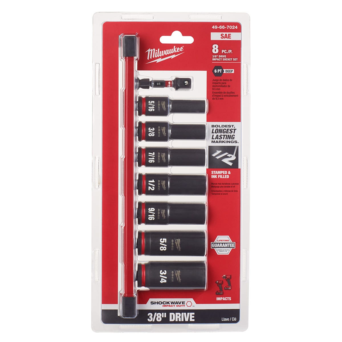 Milwaukee 49-66-7024 8-Piece SHOCKWAVE 3/8-Inch Drive SAE Deep 6-Point Impact Duty Socket Set
