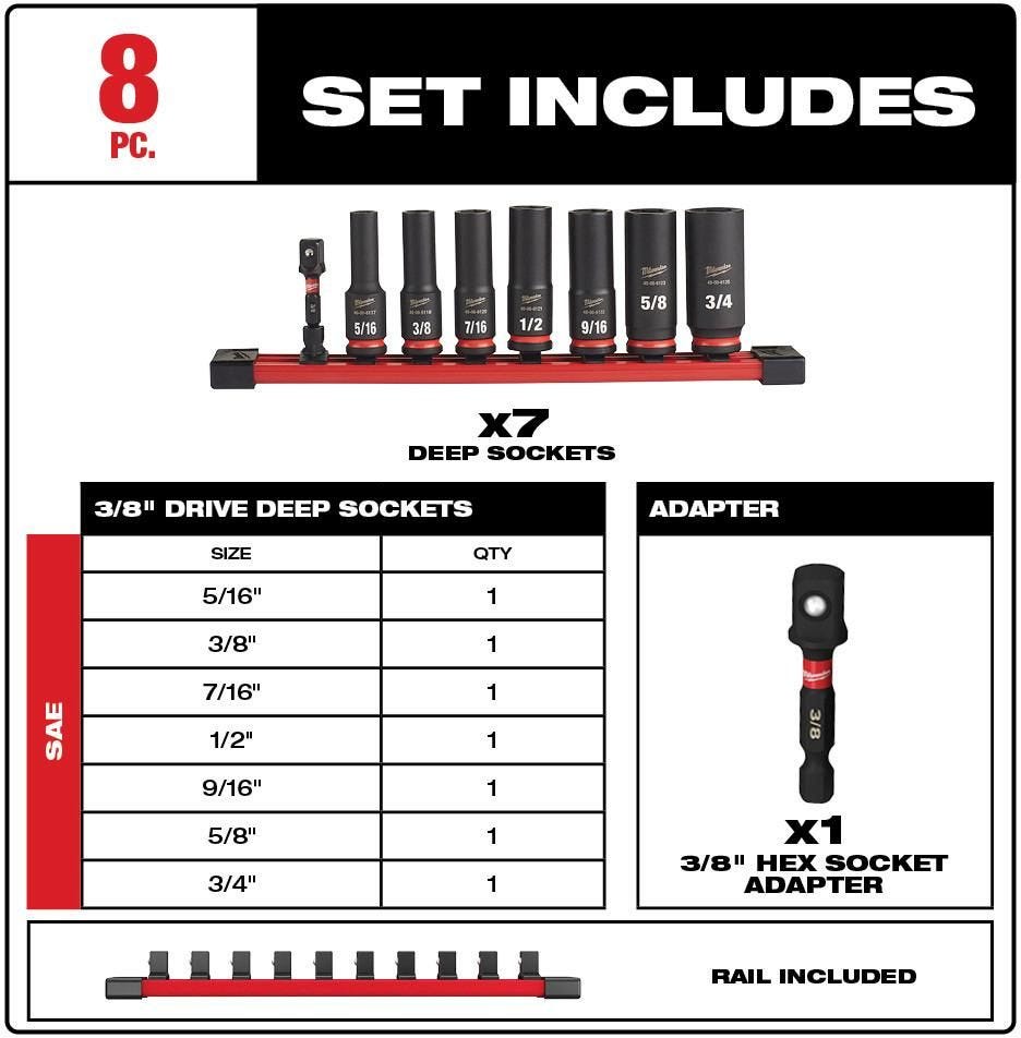 Milwaukee 49-66-7024 8-Piece SHOCKWAVE 3/8-Inch Drive SAE Deep 6-Point Impact Duty Socket Set