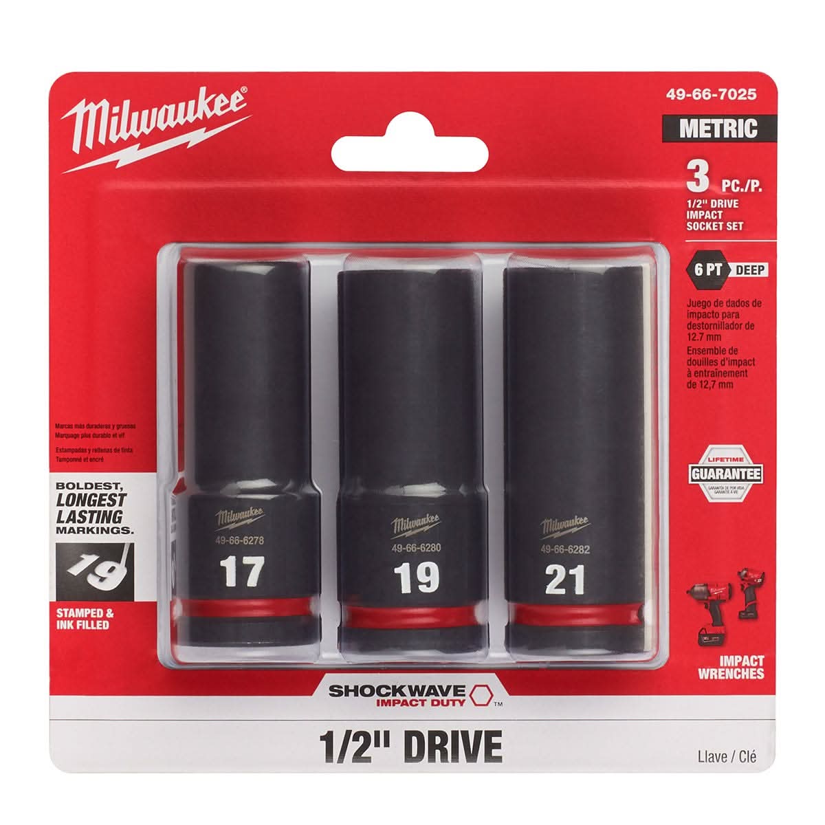 Milwaukee 49-66-7025 3-Piece SHOCKWAVE 1/2-Inch Drive Metric Deep 6-Point Impact Duty Socket Set