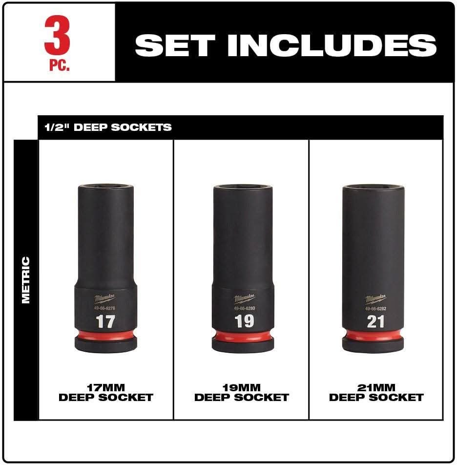 Milwaukee 49-66-7025 3-Piece SHOCKWAVE 1/2-Inch Drive Metric Deep 6-Point Impact Duty Socket Set