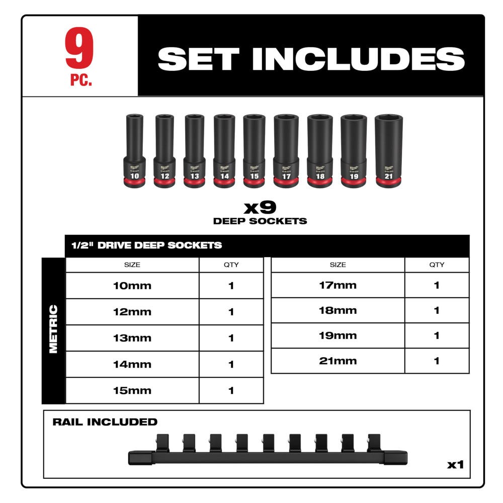Milwaukee 49-66-7032 9PC SHOCKWAVE Impact Duty 1/2" Drive Metric Deep 6 Point Socket Set