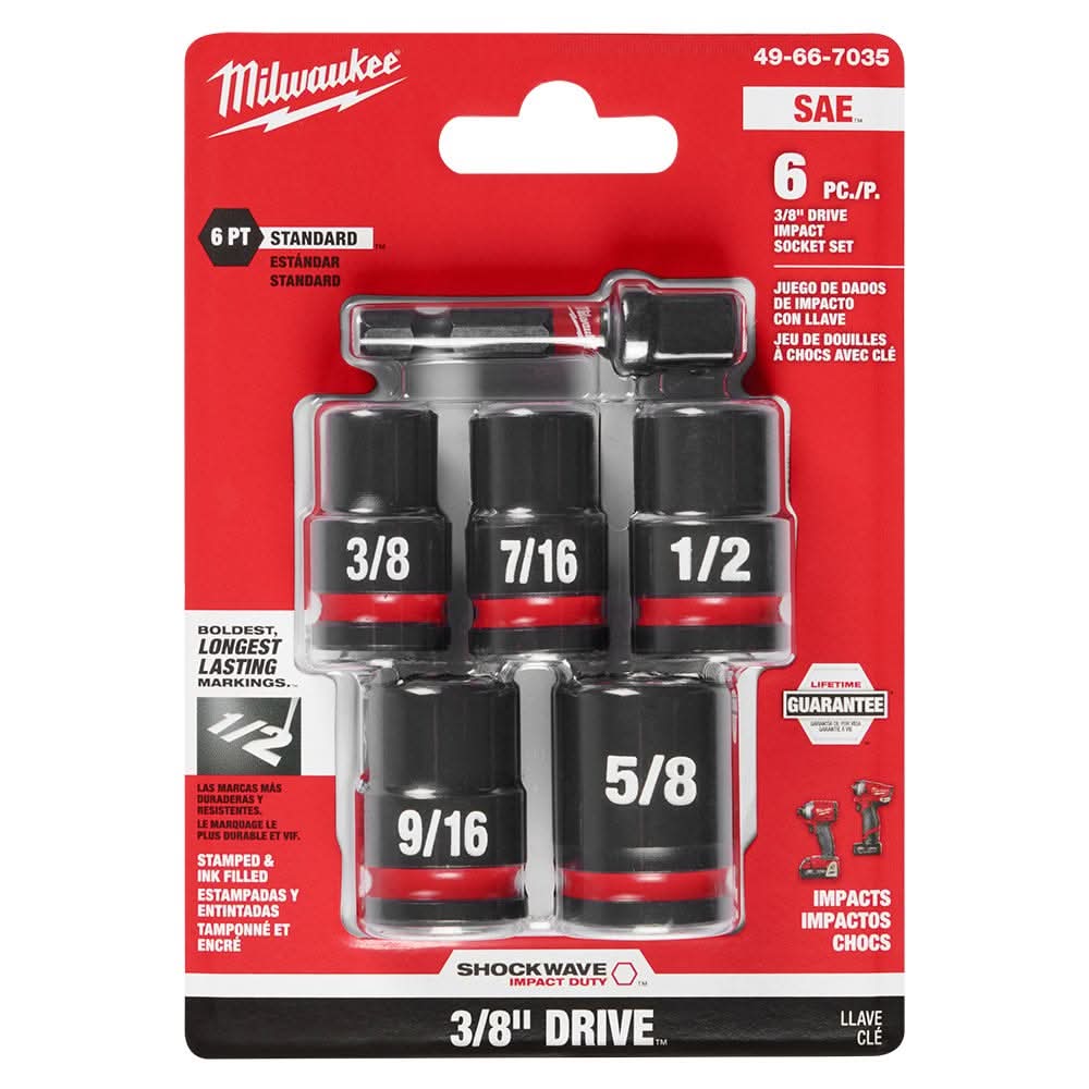 Milwaukee 49-66-7035 6PC SHOCKWAVE Impact Duty 3/8" Drive SAE Standard Socket Set