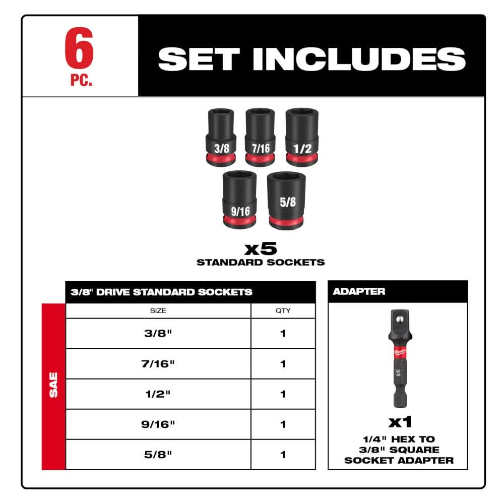 Milwaukee 49-66-7035 6PC SHOCKWAVE Impact Duty 3/8" Drive SAE Standard Socket Set