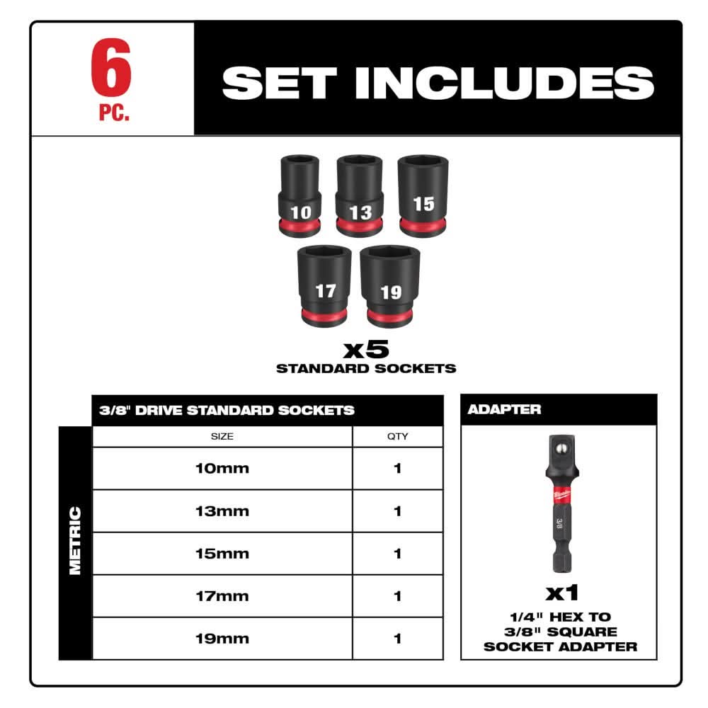 Milwaukee 49-66-7036 6PC SHOCKWAVE Impact Duty 3/8" Drive Metric Standard Socket Set