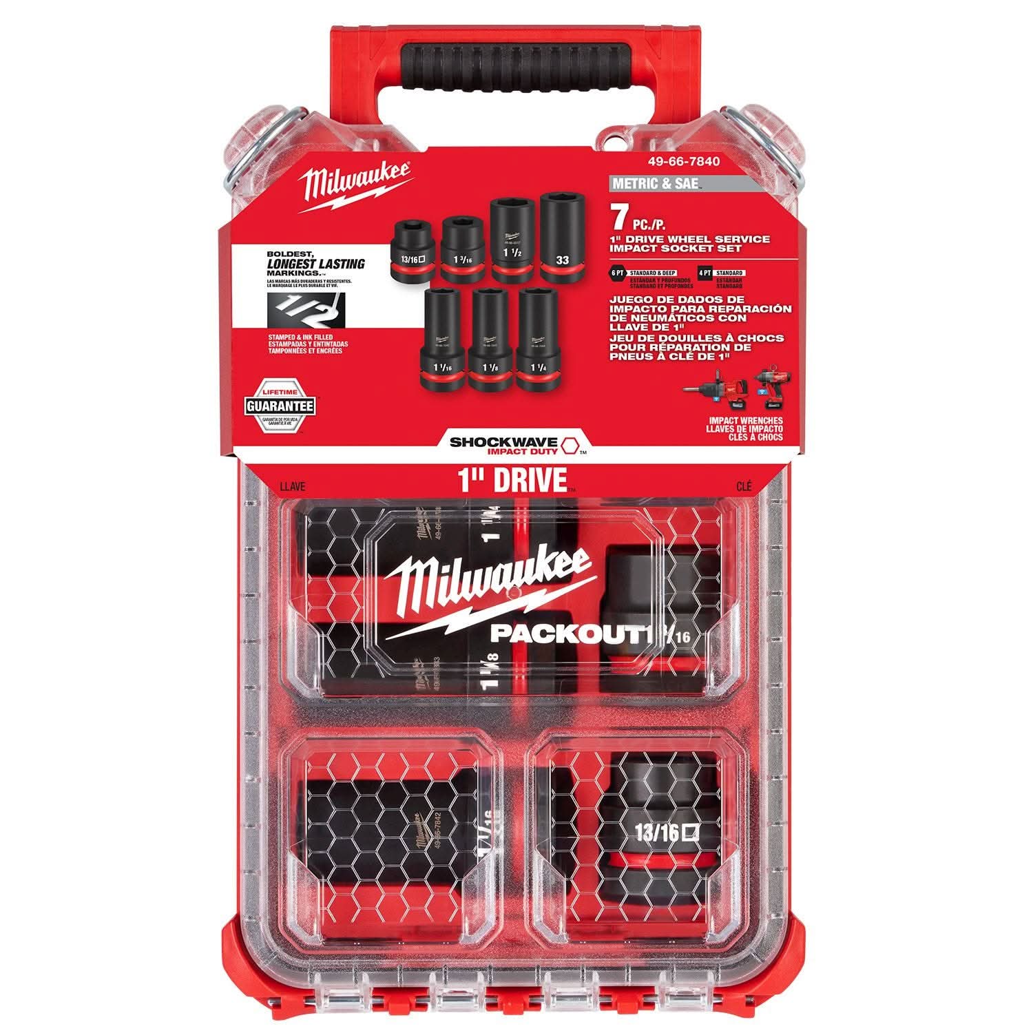 Milwaukee 49-66-7840 SHOCKWAVE Impact Duty 1" Drive 7PC MM & SAE Wheel Service Socket PACKOUT Set