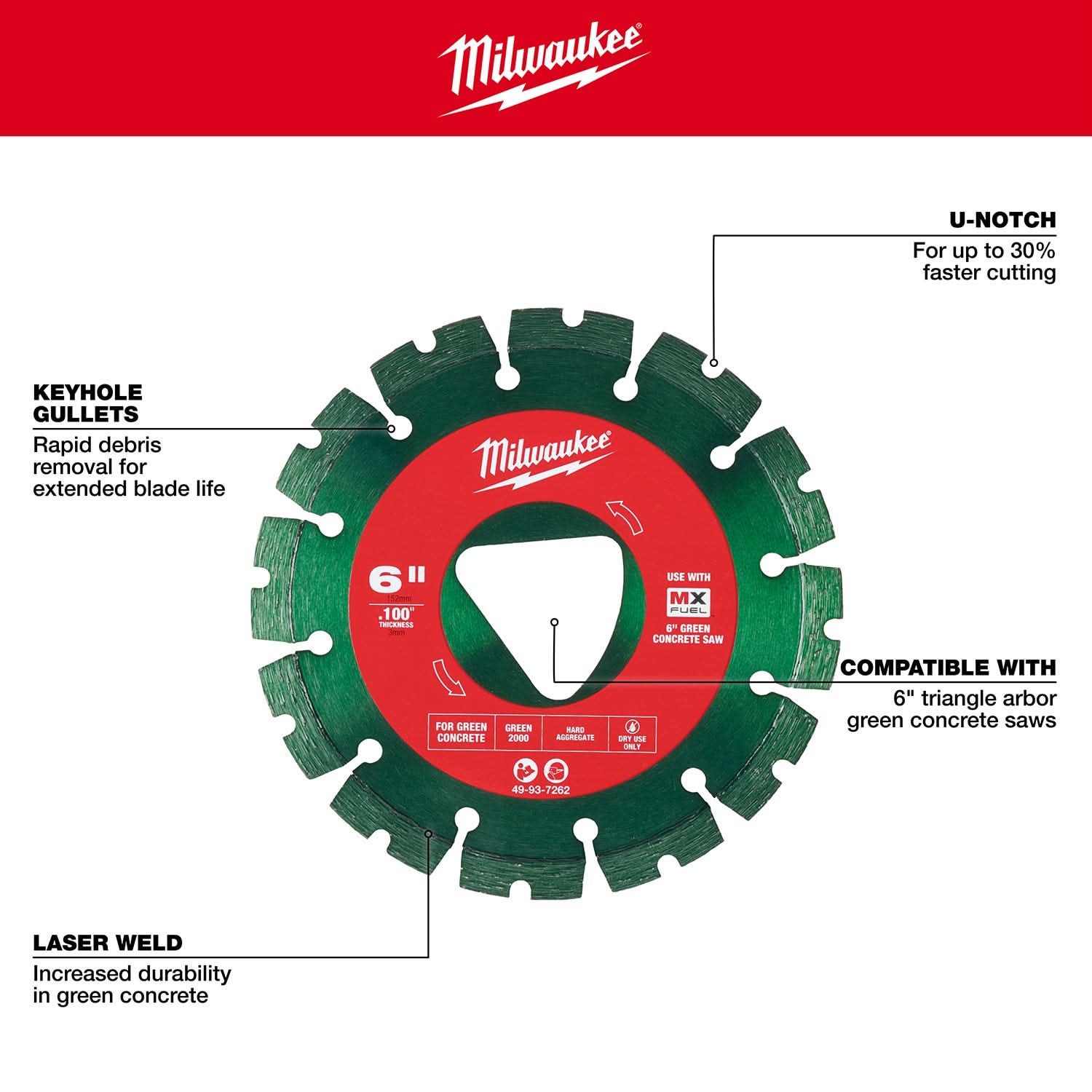 Milwaukee 49-93-7262 Green 6 in. x .100 in. Diamond Blade for Green Concrete