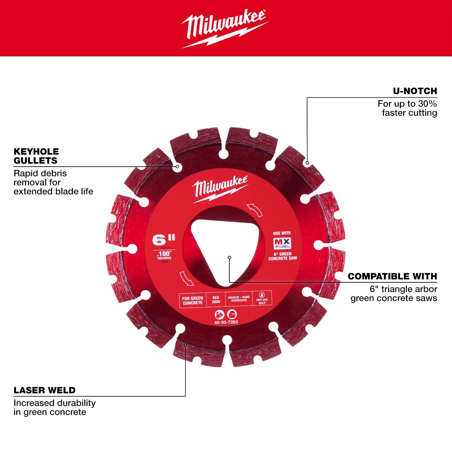 Milwaukee 49-93-7263 Red 6 in. x .100 in. Diamond Blade for Green Concrete