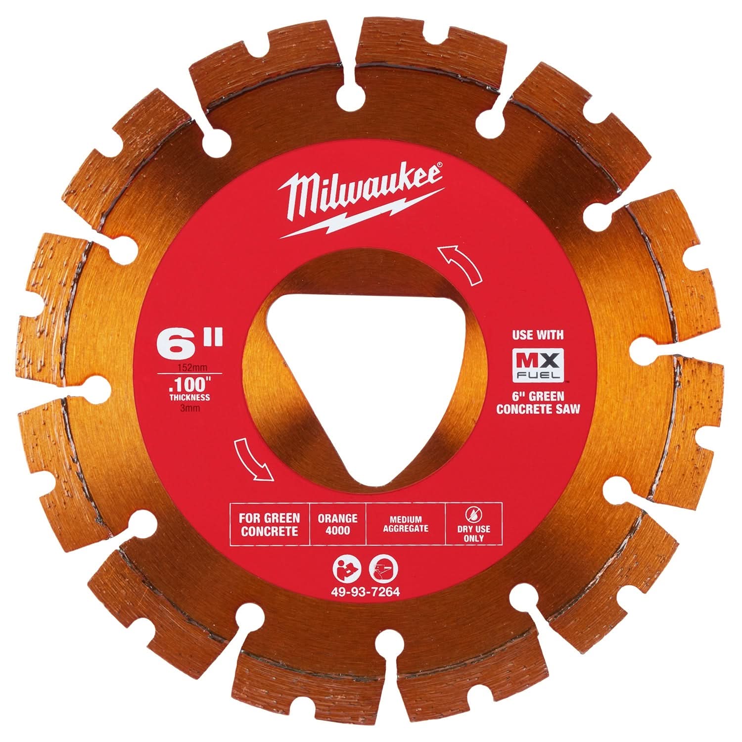 Milwaukee 49-93-7264 Orange 6 in. x .100 in. Diamond Blade for Green Concrete