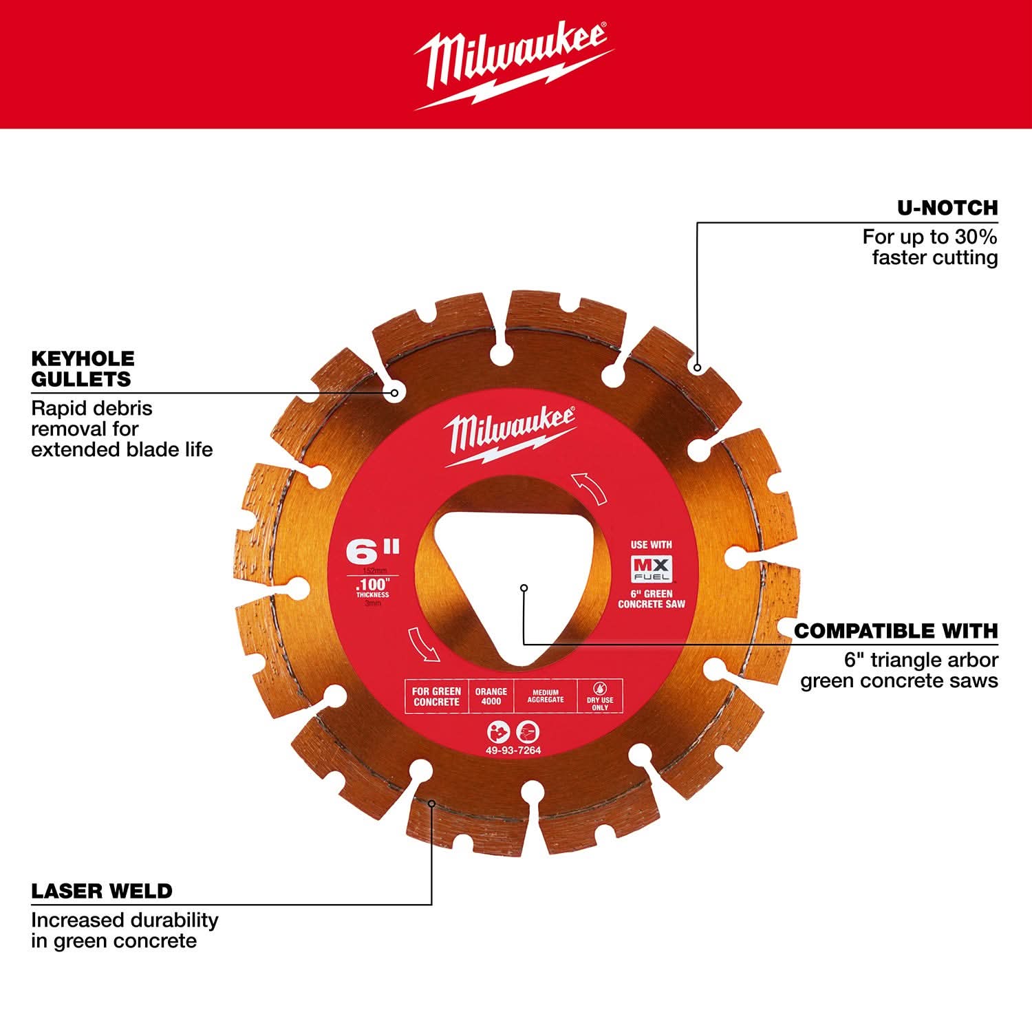 Milwaukee 49-93-7264 Orange 6 in. x .100 in. Diamond Blade for Green Concrete