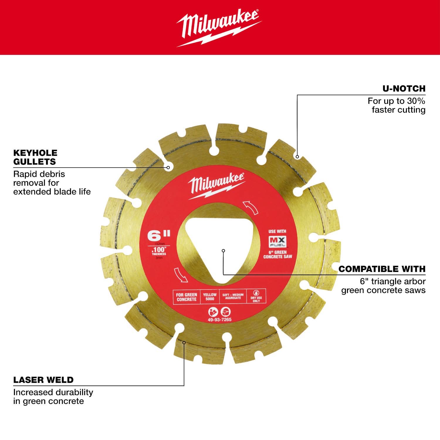 Milwaukee 49-93-7265 Yellow 6 in. x .100 in. Diamond Blade for Green Concrete