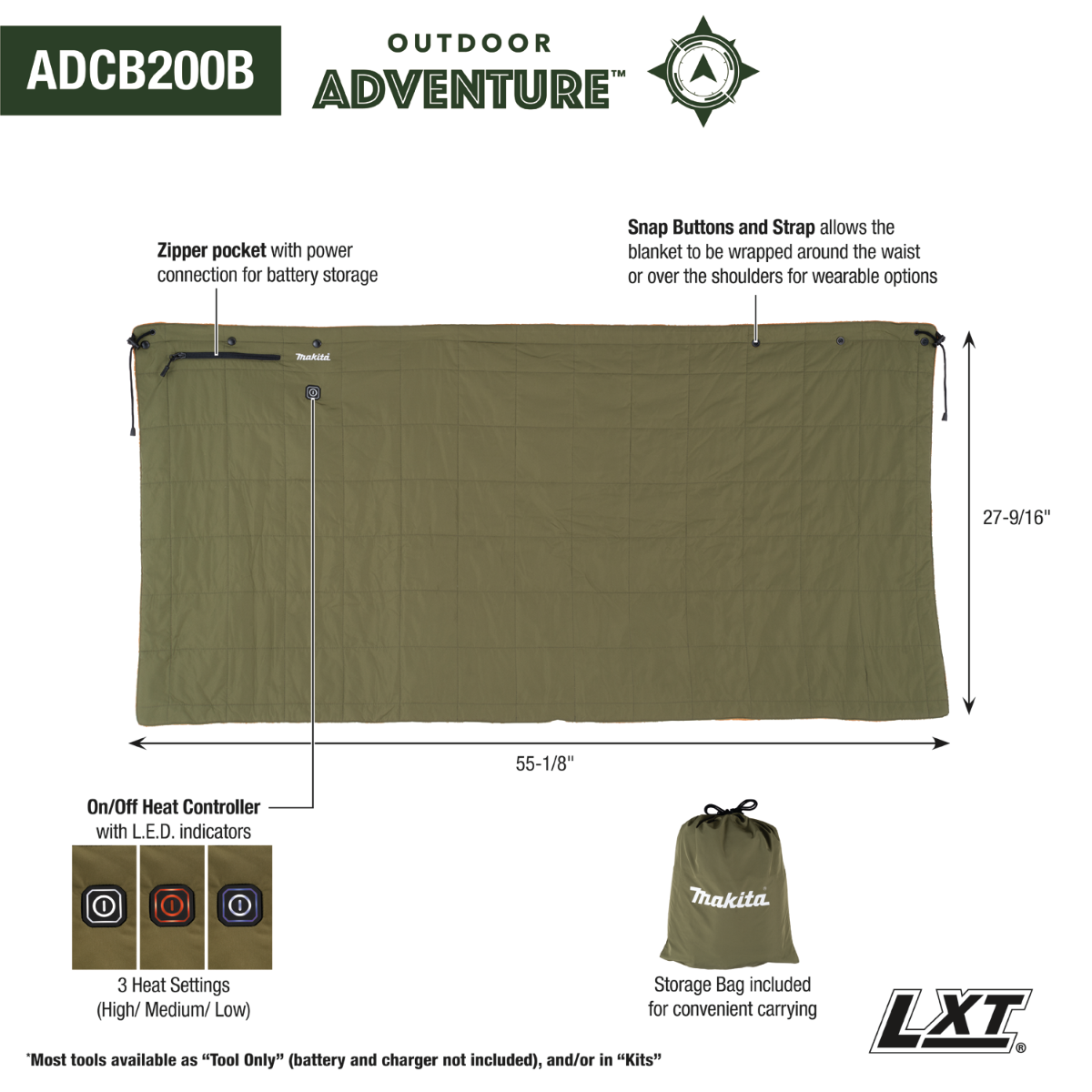Makita ADCB200B Outdoor Adventure 18V LXT Heated Blanket, Blanket Only