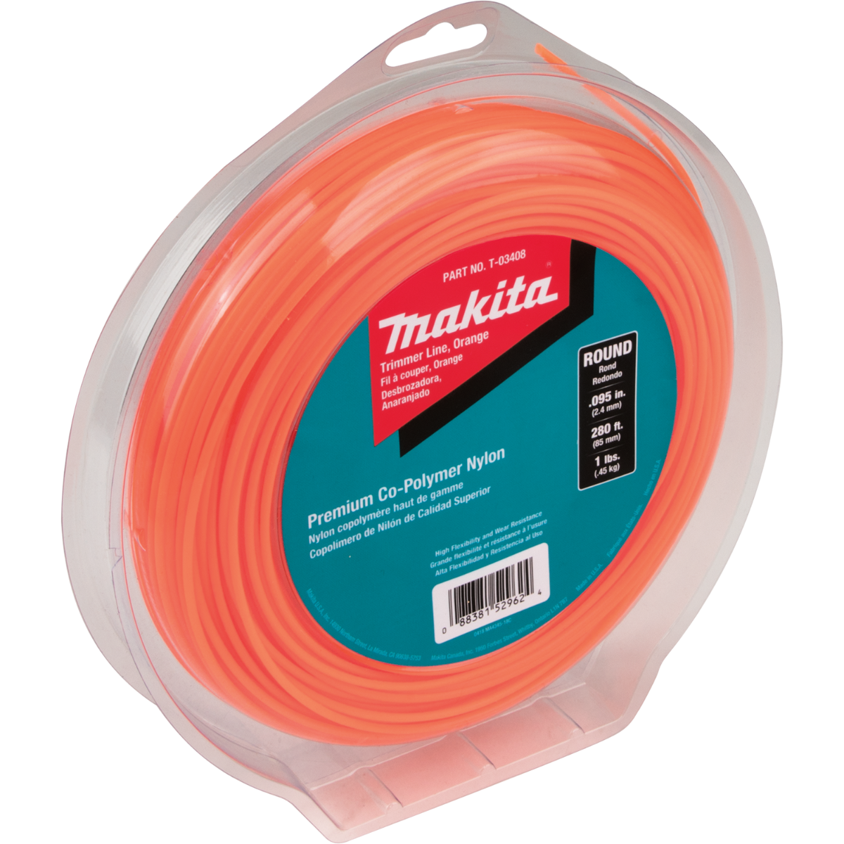 Makita T-03408 Round Trimmer Line, 0.095", Orange, 280"™, 1 lbs.