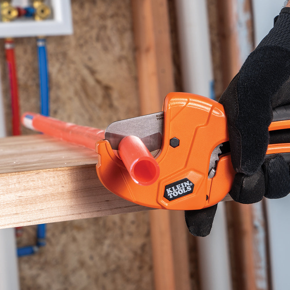 Klein 1-1/4-in. Ratcheting PVC Pipe Cutter (50063) in use