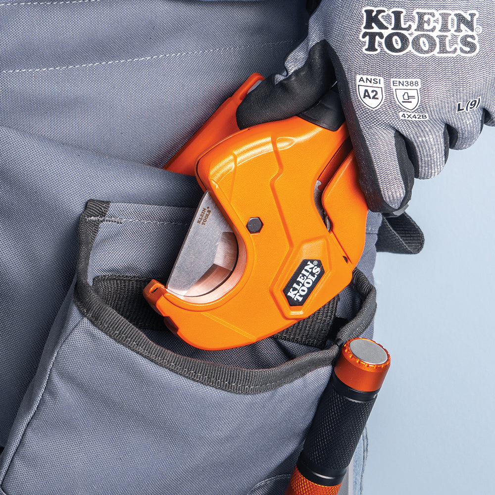 Klein 1-1/4-in. Ratcheting PVC Pipe Cutter (50063) in use on pipe