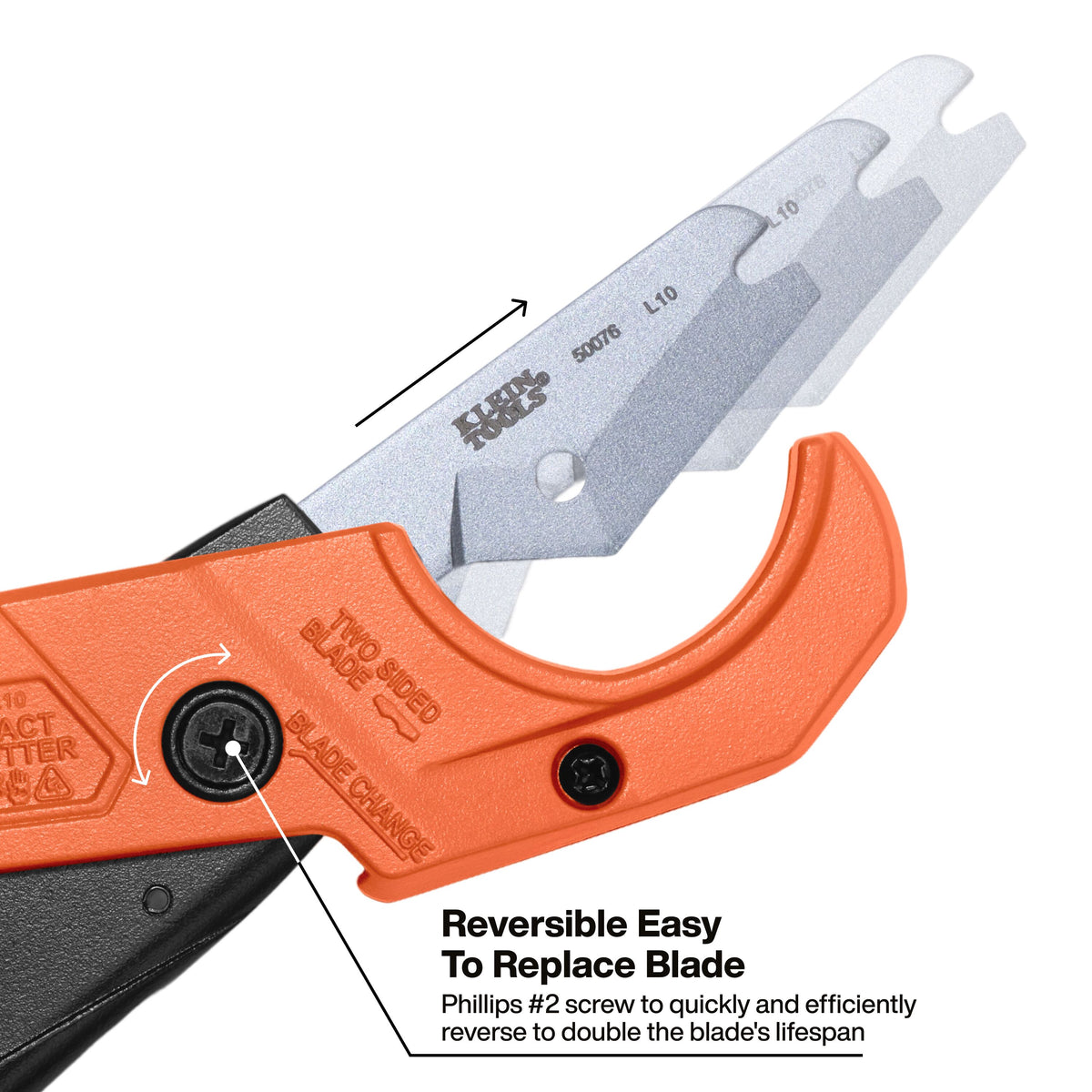 Klein Tools 50072 PEX cutter contoured handles with finger grooves for one-handed cuts