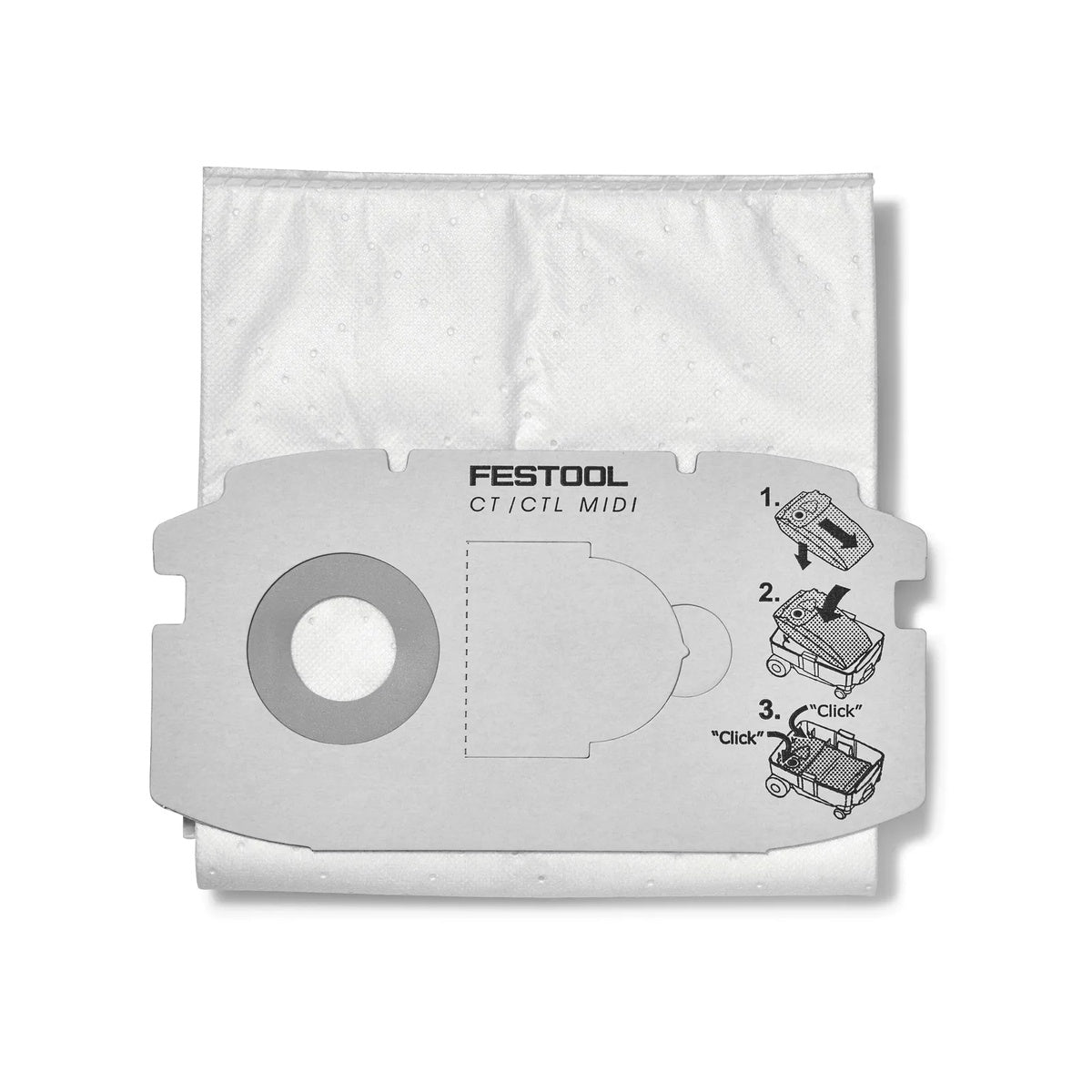 Festool 498411 Self Clean Filter Bag for CT MIDI (5pk) replacement filter bag shown as a fitted dust collection bag for a Festool CT MIDI dust extractor in shop cleanup and fine dust collection use