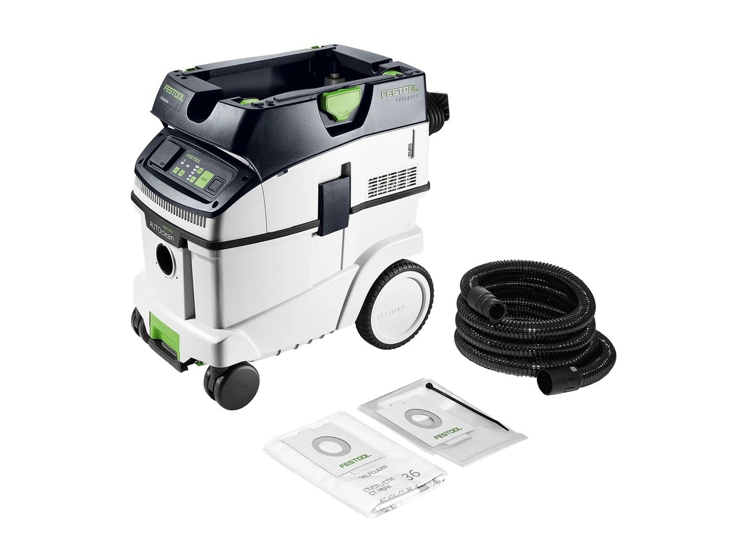 Festool 577874 CLEANTEC CT 36 EI AC AutoClean HEPA Bluetooth Dust Extractor with hose, filter bag, and plastic liner laid out for jobsite setup