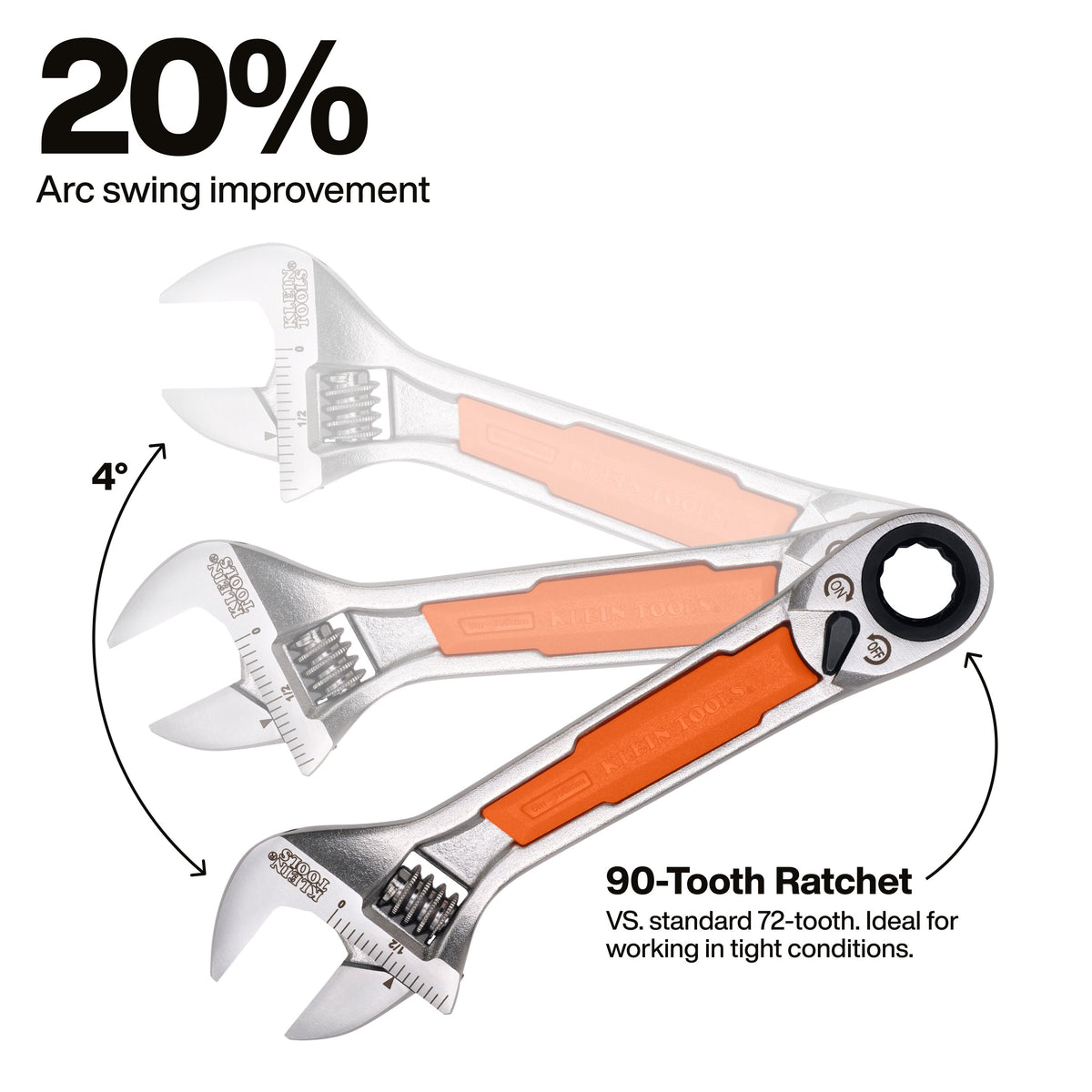 Klein Tools 5076RT 90-tooth ratchet with minimal arc swing