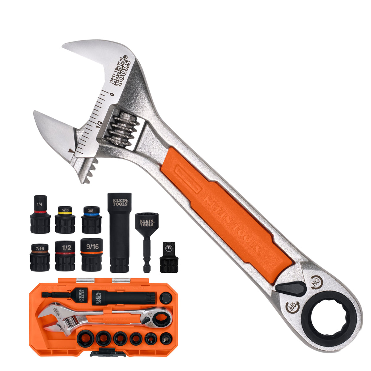Klein Tools 5076RTK KNECT 6-inch adjustable wrench with pass-through ratchet set, 10 pieces, in storage case