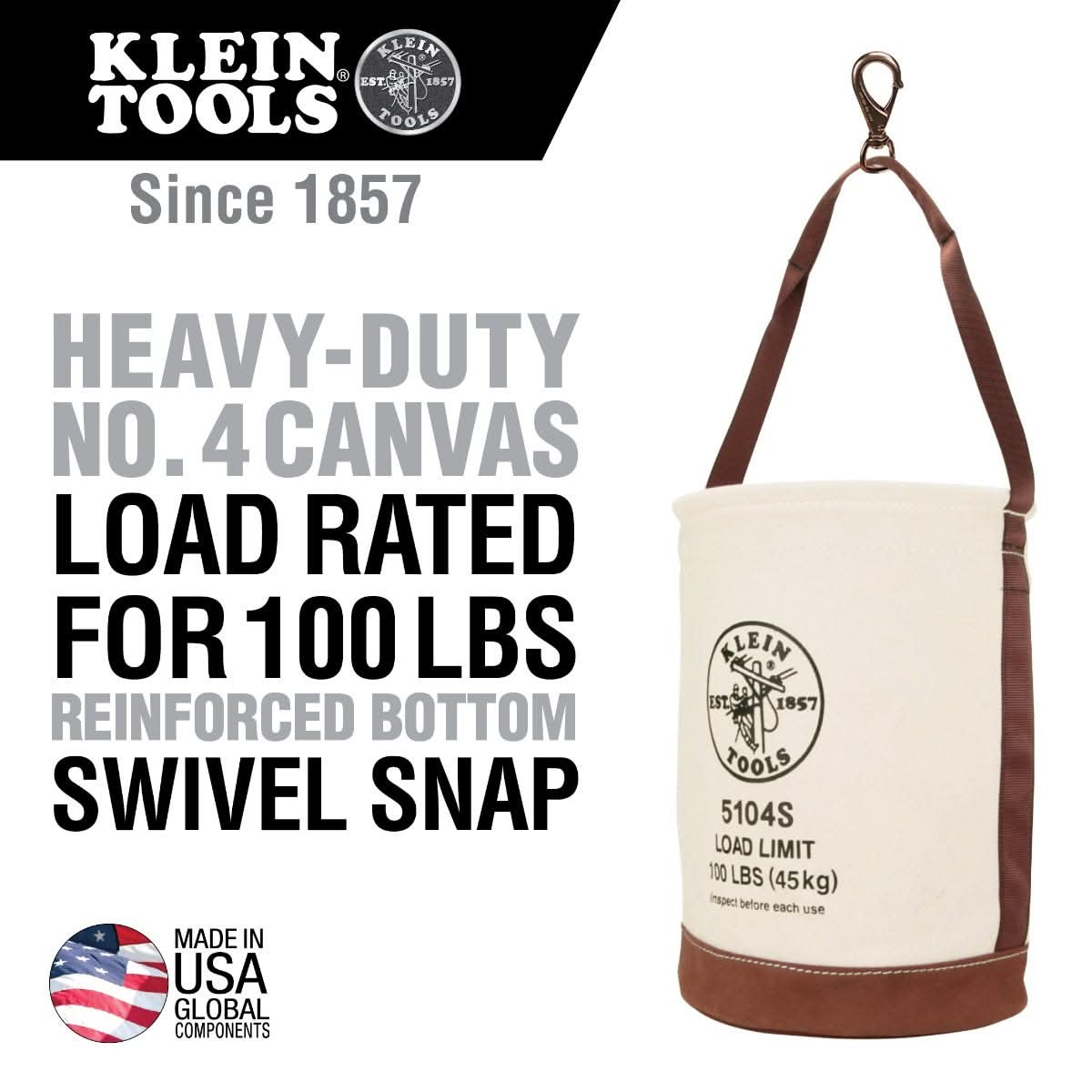 Klein Tools 5104S Canvas Bucket, Leather Bottom, Swivel Snap, 12-Inch