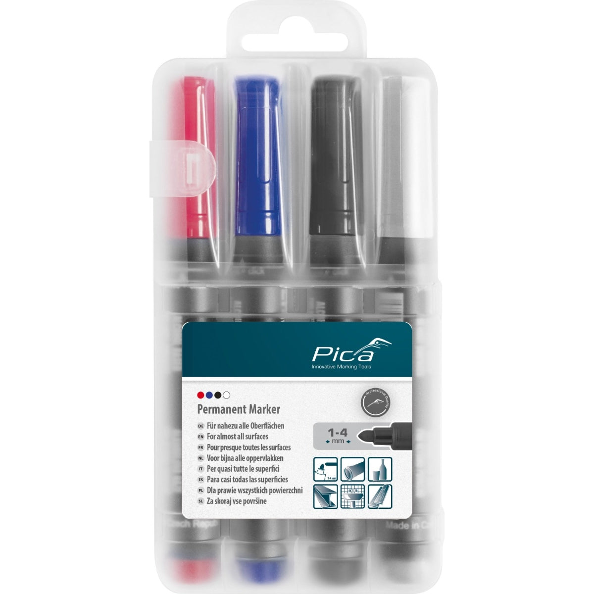 Pica Dry 520/04 4-Piece Classic 521 Round Tip Permanent Marker Set, Red/White/Blue/Black