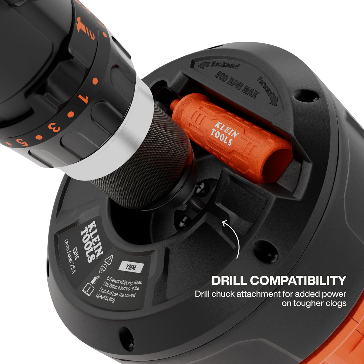 Klein Tools 53016 drum auger dual-locking folding handle folded into the drum
