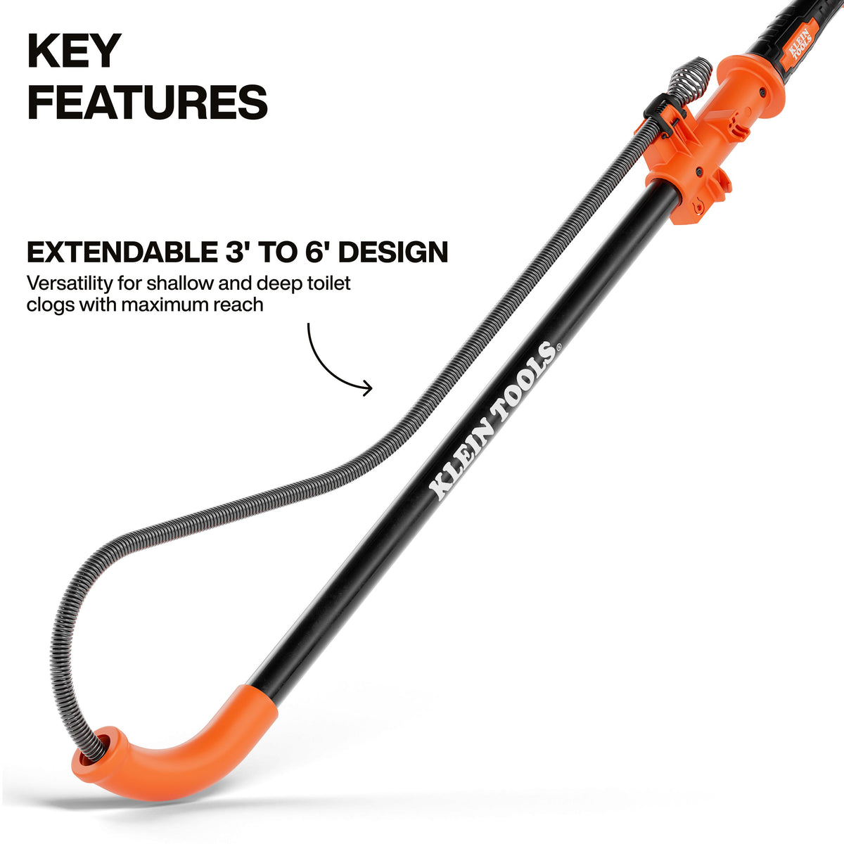 Klein Tools 53018 toilet auger extending from 3 to 6 feet for deep clogs