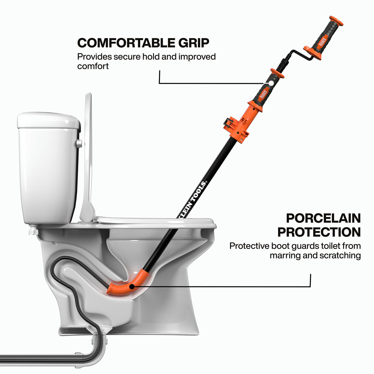 Klein Tools 53018 toilet auger protective boot preventing scratches on the toilet bowl