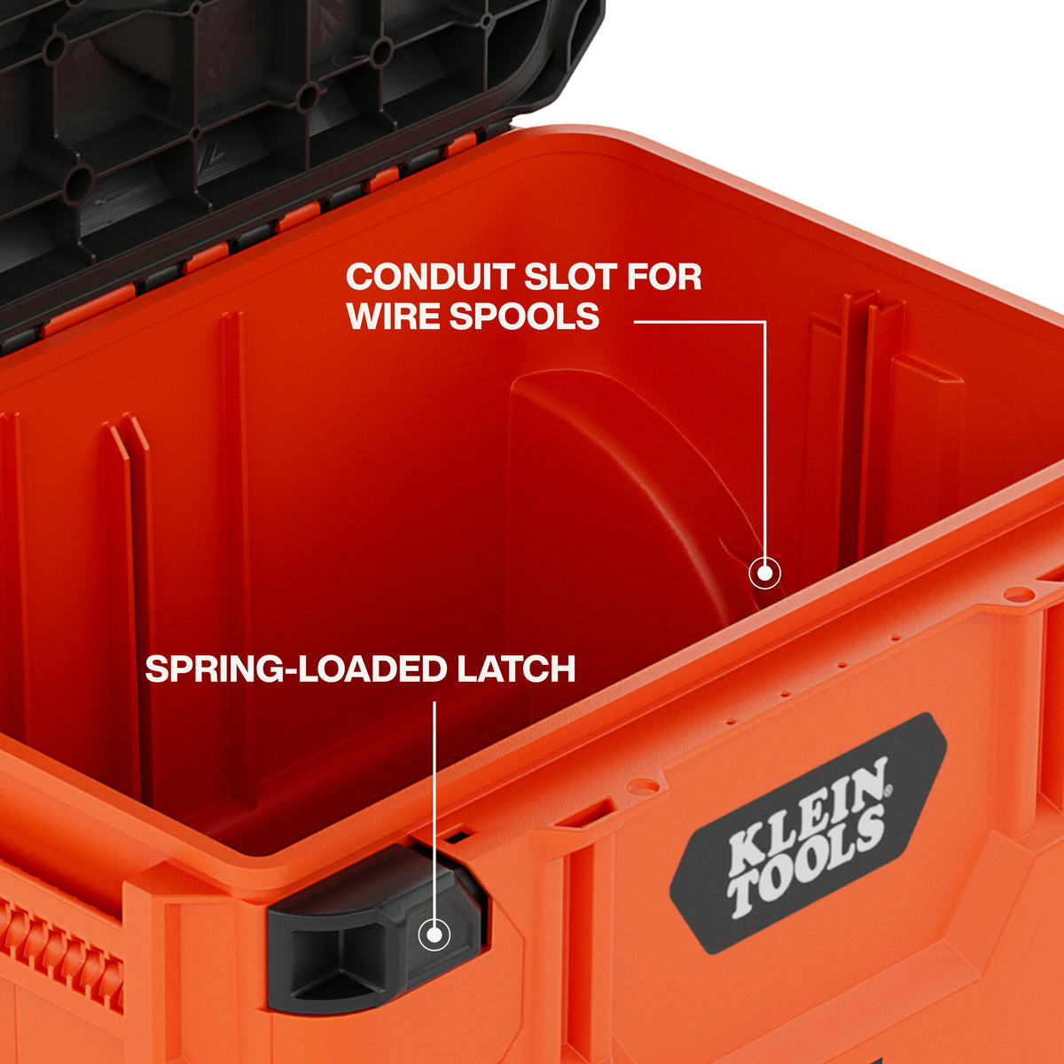 Klein Tools 54100MBX case-compatible lid with V-groove and molded-in ruler for cutting and measuring