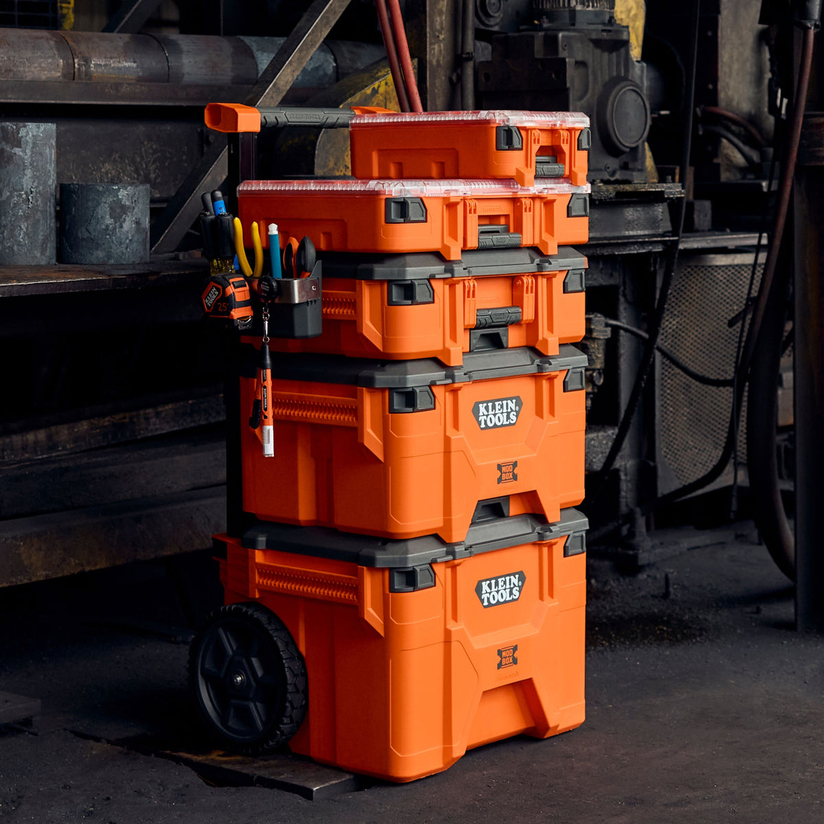 Klein Tools 54500MBX MODbox half-width component box in a stacked MODbox system on the jobsite