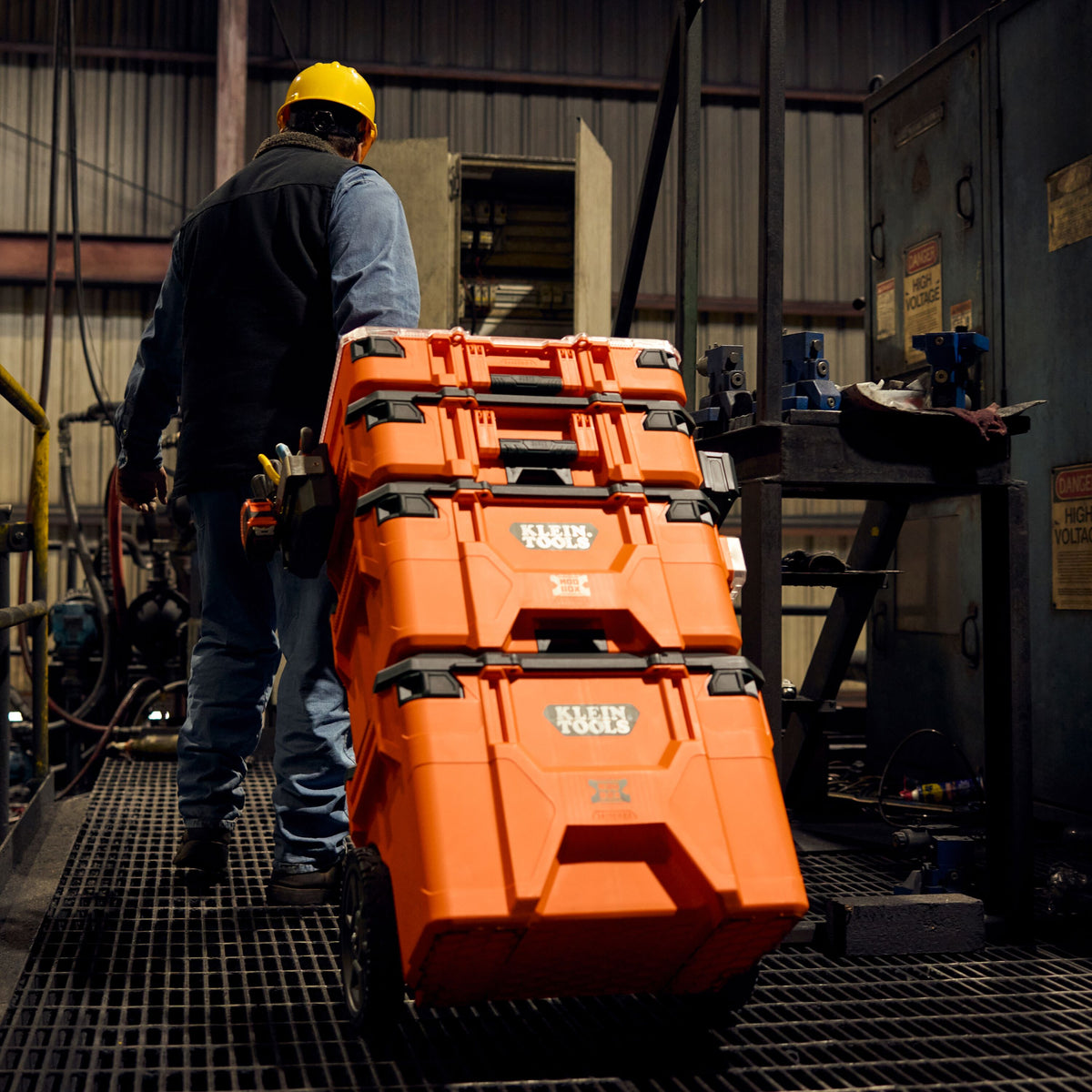 Klein Tools 54200MBX MODbox medium toolbox as part of a stacked MODbox mobile workstation