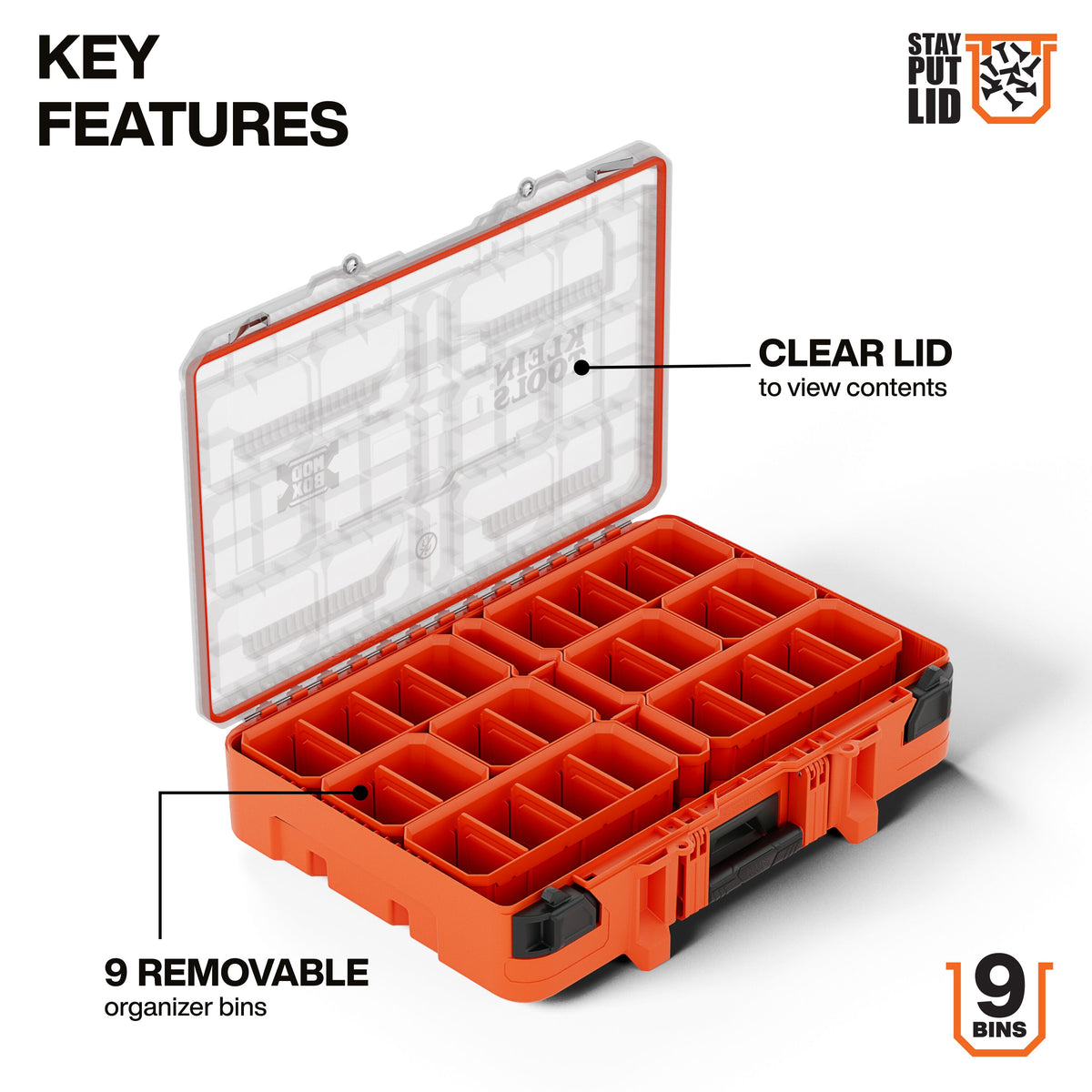 Klein Tools 54400MBX stay-put lid keeping parts in their bins