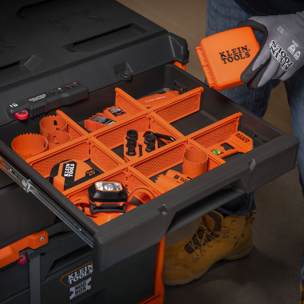 Klein Tools 54723MB MODbox multi-depth three-drawer toolbox drawers open with tools organized