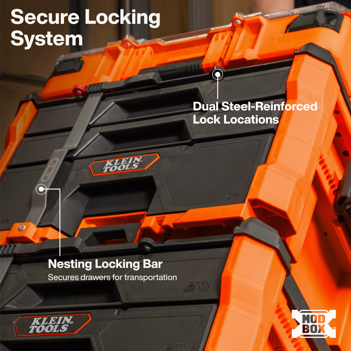 Klein Tools 54723MB MODbox drawer box locking bar with padlock and cable lock points