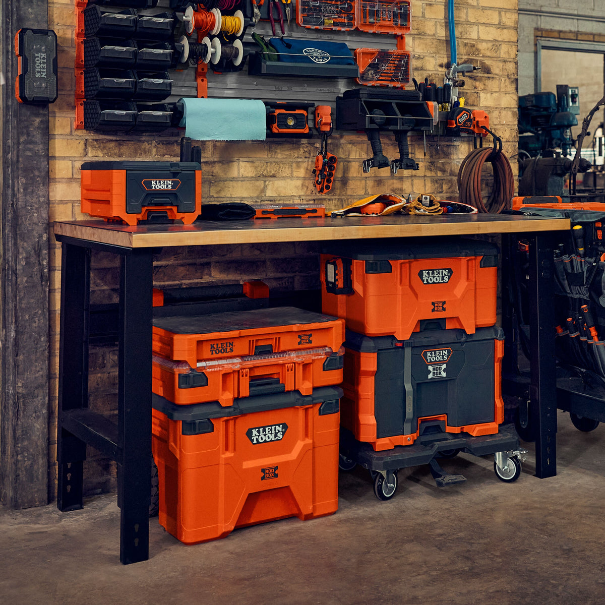 Klein Tools 54828MB interlocked MODbox dollies forming a larger platform